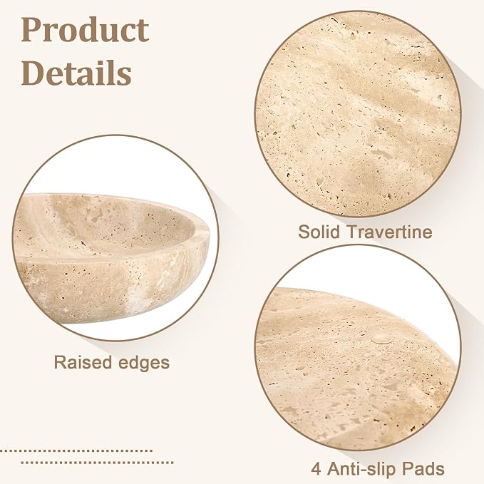Hipiwe Key Holder for Entryway 7.9" Round Key Bowl Decorative Travertine Tray - Image 6