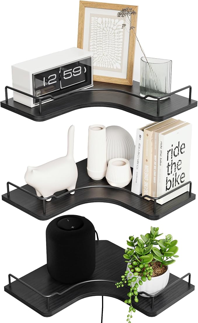 L-Shaped Corner Floating Shelves Set of 3, Rustic Wood Wall Mounted Storage by FNBAR