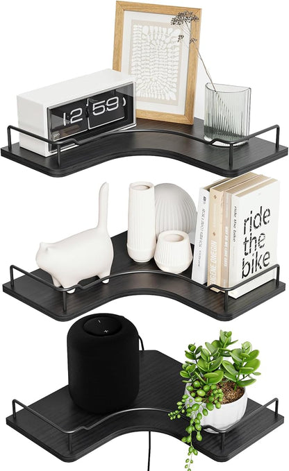 L-Shaped Corner Floating Shelves Set of 3, Rustic Wood Wall Mounted Storage by FNBAR