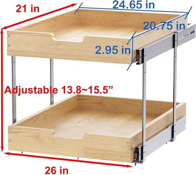 Wood Pull Out Cabinet Organizer 2 Tie 26" W x 21" D, Heavy-Duty Sliding Drawers - Image 2