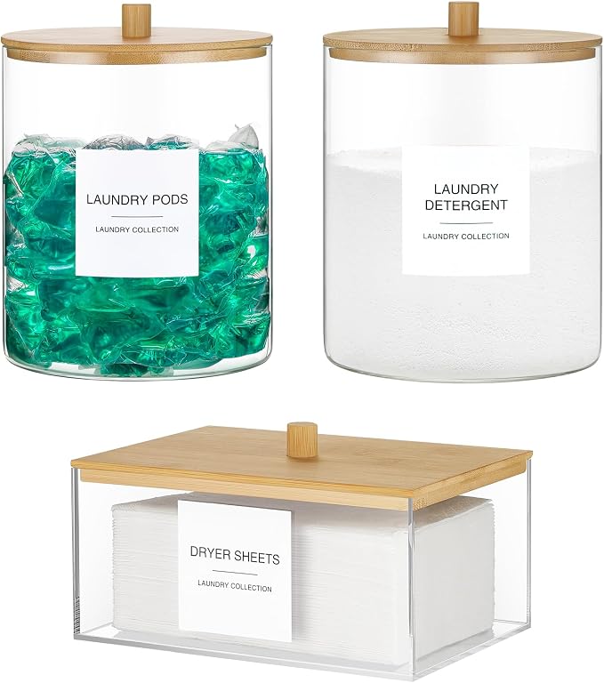 3 Pack Glass Jars and Acrylic Dryer Sheet Holder, Laundry Pods Container by TIPGO