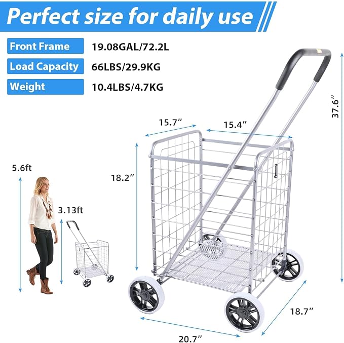 Folding Shopping Cart, Collapsible Grocery Rolling Utility Cart on Wheels - Image 3