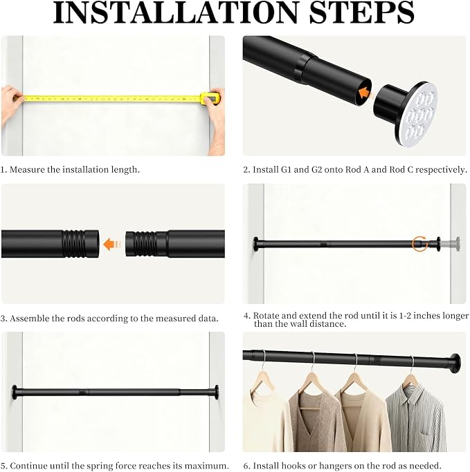 No Drilling Closet Rod, Adjustable Black Closet Rod, 28-98 Inches Closet - Image 4