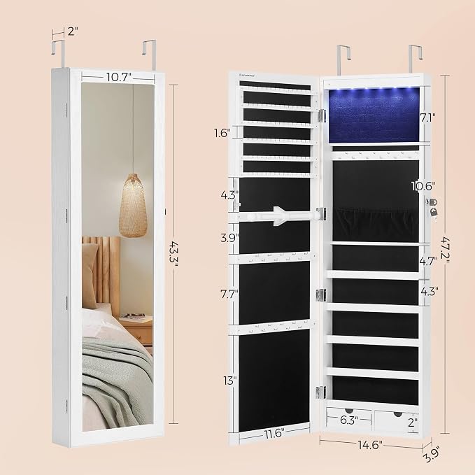 SONGMICS 6 LEDs Mirror Jewelry Cabinet, 47.2-Inch Tall Lockable Wall or Door - Image 6