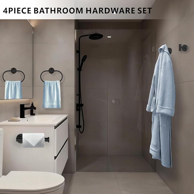 Bathroom Hardware Set Includes Towel Ring, Toilet Paper Holder and 2 Towel Hooks - Image 2