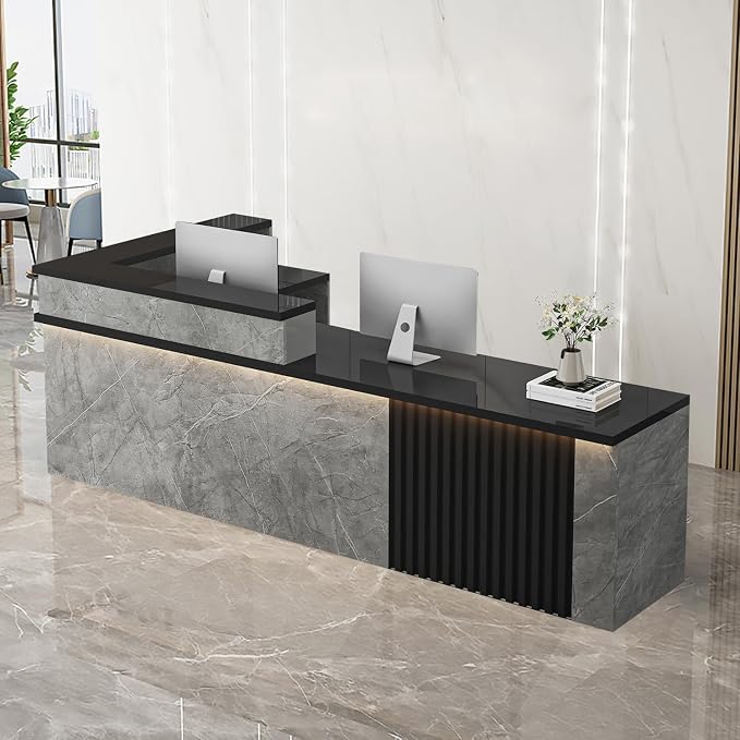 Receptionist Desk with LED Light，Wooden Salon Checkout Counter with Storage by Unknown
