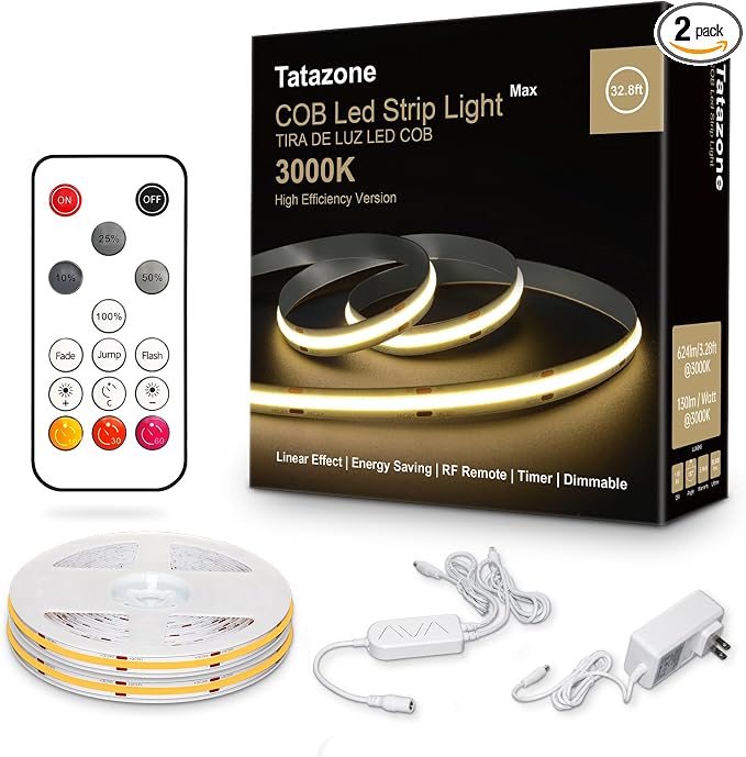 32.8ft 3000K Bright COB LED Strip Light, Warm White, RF Remote, by Tatazone