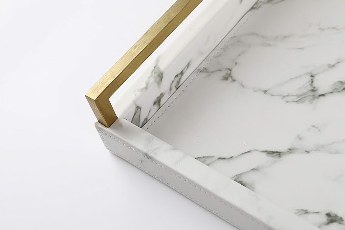17.8 * 11.8" White PU Leather Marble Finish Decorative Tray Serving Tray - Image 5