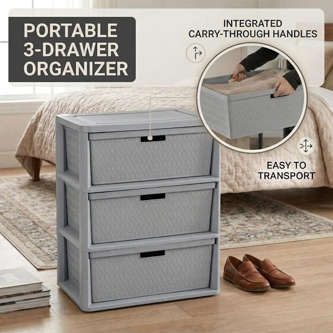 3 Drawer Wide Weave Storage Tower, Modern Style Decorative Freestanding Storage - Image 7