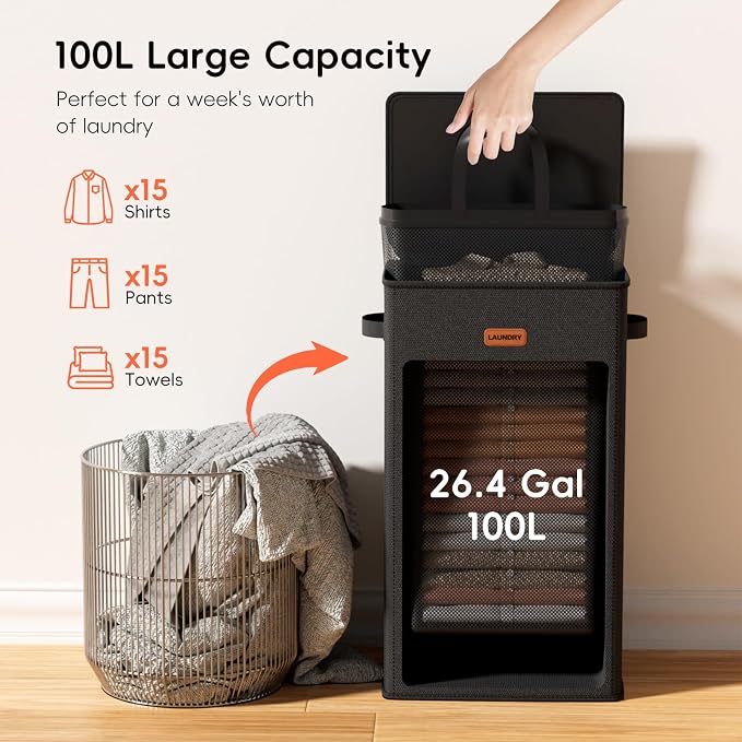 100L Laundry Hamper with Lid, Large Clothes Hampers with Removable Bag - Image 3