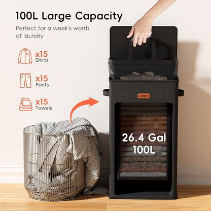 100L Laundry Hamper with Lid, Large Clothes Hampers with Removable Bag - Image 3
