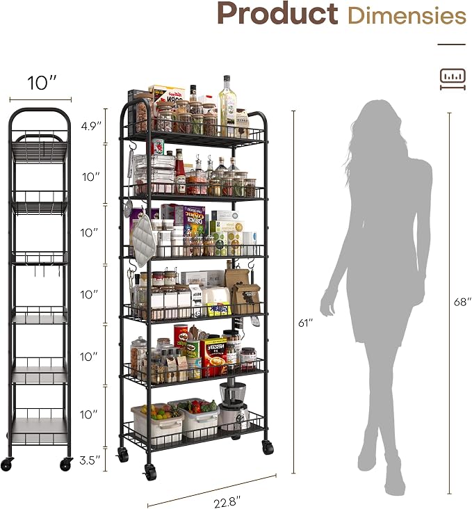 6 Tier Slim Storage Cart with Wheels, Metal Mobile Shelving Unit Organizer - Image 5