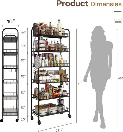 6 Tier Slim Storage Cart with Wheels, Metal Mobile Shelving Unit Organizer - Image 5