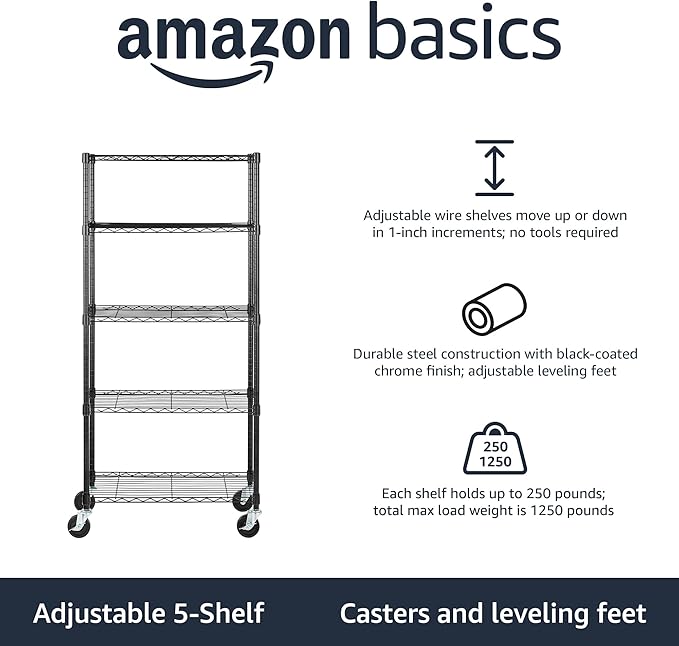 Amazon Basics 5-Shelf Adjustable, Heavy Duty Storage Shelving Unit on 4'' Wheel - Image 2