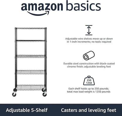 Amazon Basics 5-Shelf Adjustable, Heavy Duty Storage Shelving Unit on 4'' Wheel - Image 2
