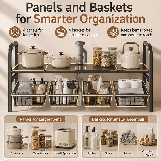 Under Sink Organizer, Expandable 2 Tier Storage Rack, 26.8" to 35.8" Adjustable - Image 5