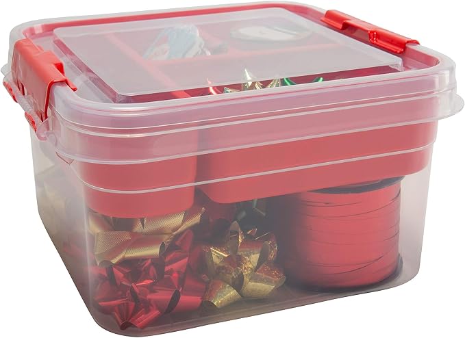 Simplify 5 Compartment Gift Supply Storage Box 2 Tier Box | Red Clear Top Lid | - Image 9