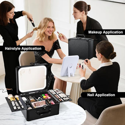 Makeup Case with Magnetic Lighted Mirror Makeup Organizer Box Travel Cosmetic - Image 3
