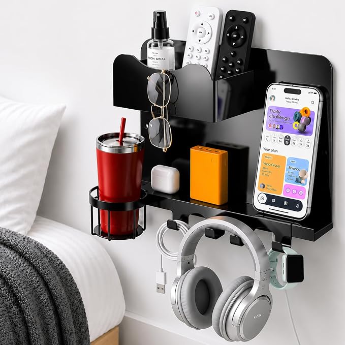 Metal Bedside Wall Shelf, No Drill Floating Bedside Shelf Wall Organizer | by Unknown