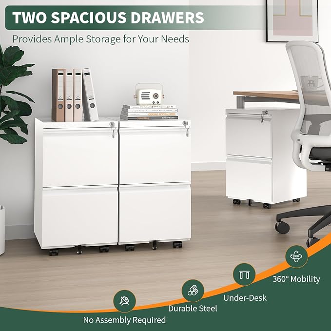 2 Drawer File Cabinet with Lock, Under Desk Rolling Small Filing Cabinet - Image 3