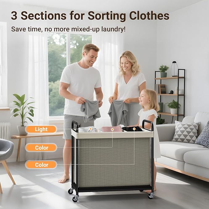 ELYKEN Laundry Hamper 3 Section, 120L Rolling Laundry Sorter - Image 6