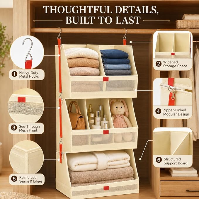 Fabric Hanging Closet Organizer Heavy Duty Shelf Hanging Storage Towel Clothes - Image 5