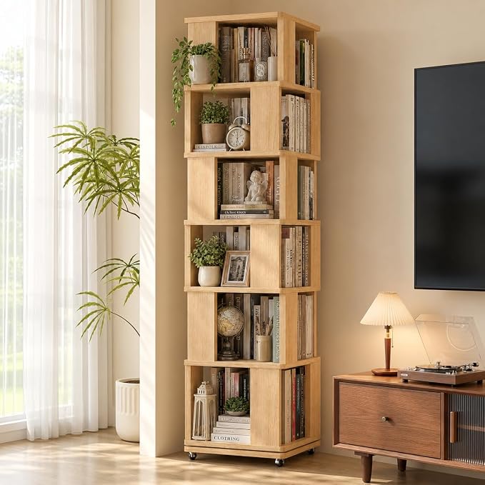 79-Inch 6 Tier Solid Wood Rotating Bookshelf Tower on Wheels, 360° Upgrade by Unknown