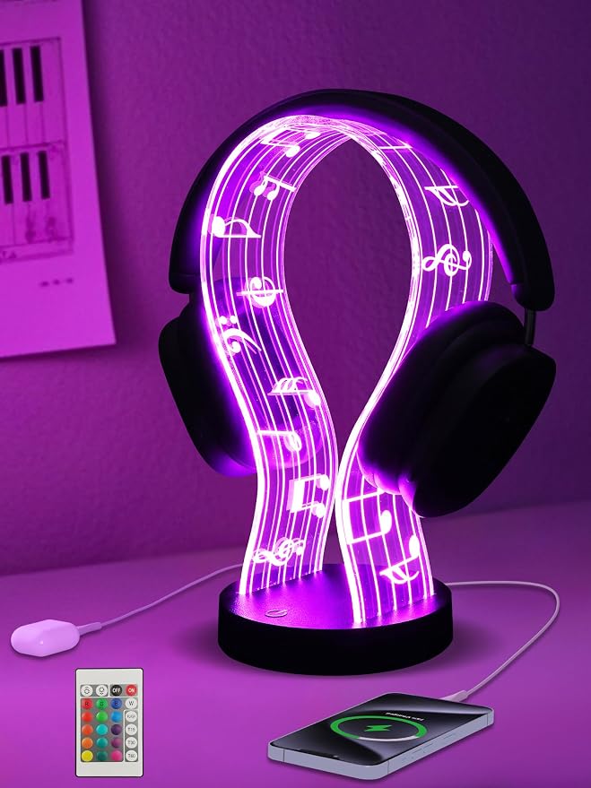Light Up Headphone Stand with 16 Color Lights, Music Notes Pattern Acrylic by CoolGiftMart