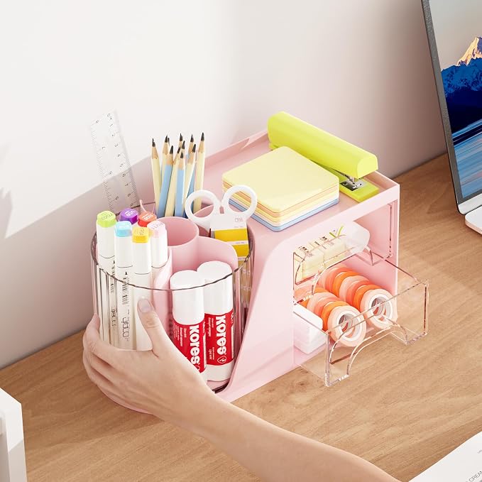 Marbrasse Desk Organizer with 2 Drawer, 360°Rotating Pen Holder, Desk - Image 6