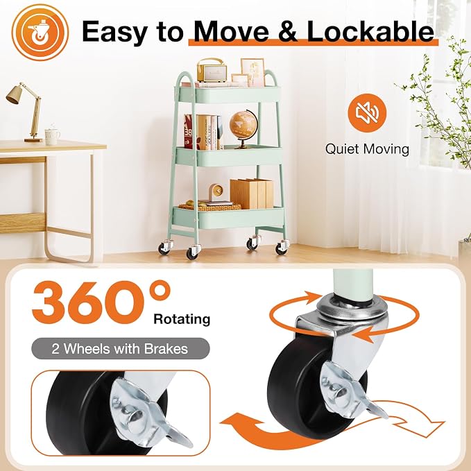 NEWBULIG 3-Tier Metal Rolling Storage Cart, Heavy Duty Mobile Utility Organizer - Image 3