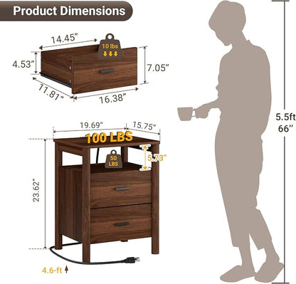 Night Stand with Charging Station, 2 Drawers Nightstand with Open Shelf - Image 2