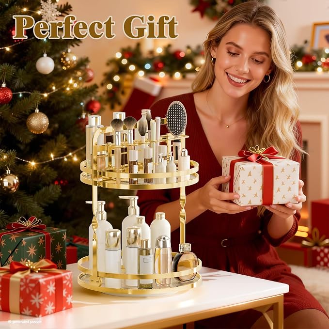 360° Rotating Makeup Organizer, 2-Tier Gold Perfume Organizer - Image 6