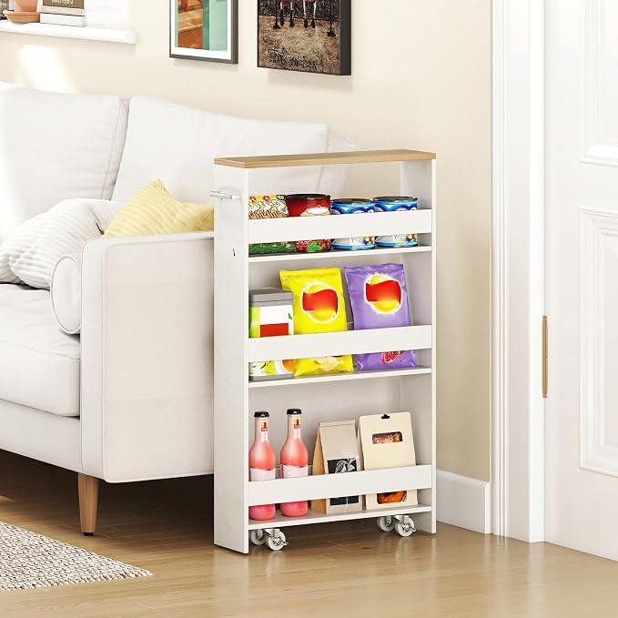 Small Kitchen Cart, 4-Tier Slim Rolling Island w/Handle, Laundry Room Storage - Image 3