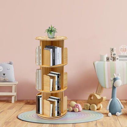 3 Tier Rotating Bookshelf Tower, Wood Revolving 360 Book Shelf, Vertical Rotate - Image 2