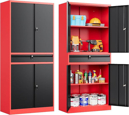 Metal Storage Cabinet with Drawer and Lock, Garage Storage Cabinet with Locking by SISESOL
