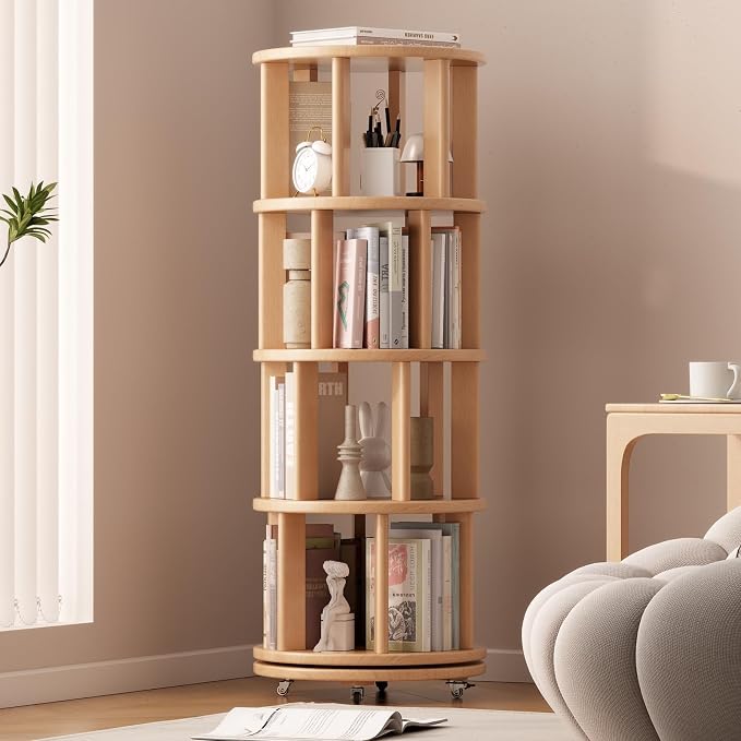 Solid Wood Rotating Bookshelf on Wheels, 4 Tier, Round Revolving Bookcase by Muwuele