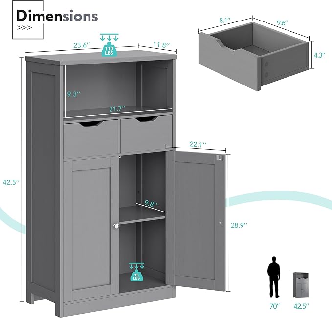 Vongrasig Bathroom Storage Cabinet, 42.5" H Freestanding Floor Cabinet | Wooden - Image 3