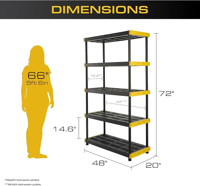 CX Black & Yellow, 5-Tier Heavy Duty Plastic Storage Shelving Unit, 200lbs/shelf - Image 2