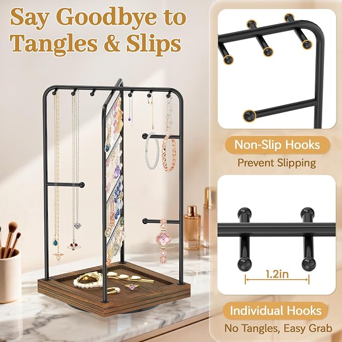 MODOWEY Earring Necklace Holder Organizer Wood Rotating Jewelry Tree, Burnt | - Image 6