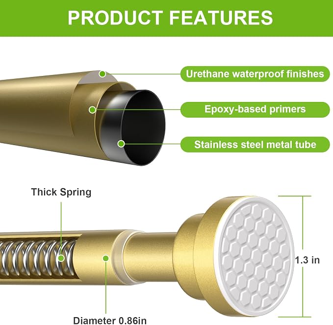 Tension Curtain Rod 30-64 Inch Curtain Rods No Drilling Gold Tension Spring Rod - Image 3