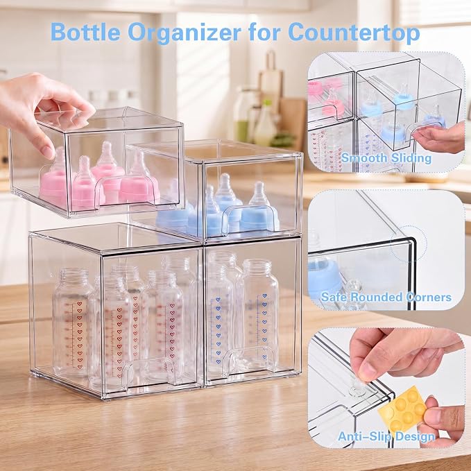 Baby Bottle Organizer, 4 Pack Clear Acrylic Stackable Storage Drawers, Baby - Image 5