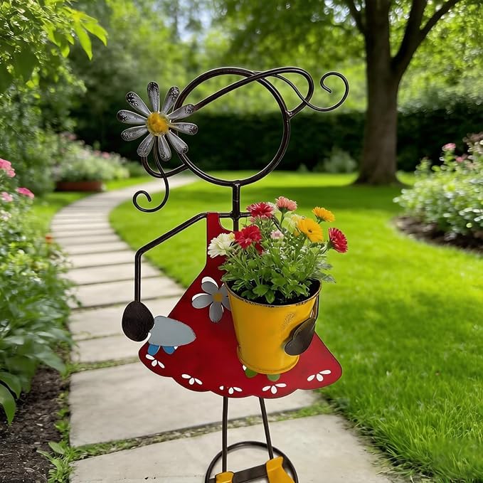 Metal Garden Planter Statue, Anti Toppling Iron Figurine Plant Stand, 18.3 in - Image 6