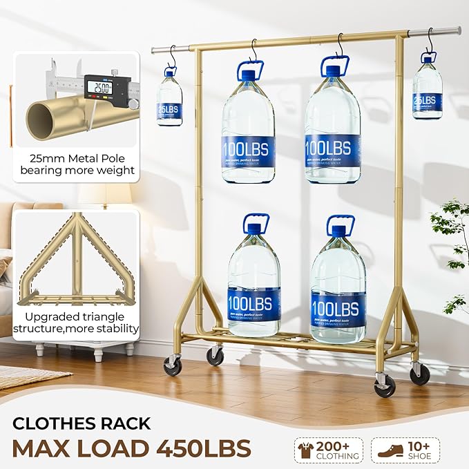 Heavy Duty Clothes Rack Load 450 LBS, Metal Garment Rack, Standing Rolling - Image 2