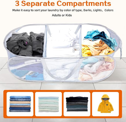 Durable Collapsible Foldable Mesh Pop Up Laundry Basket, 3 Compartments Easy to - Image 3