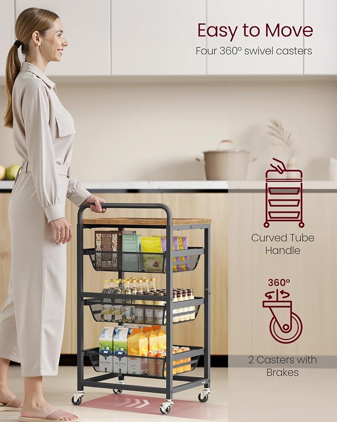 VASAGLE Storage Cart with Pull-Out Baskets, 4-Tier Kitchen Cart with Wheels - Image 4