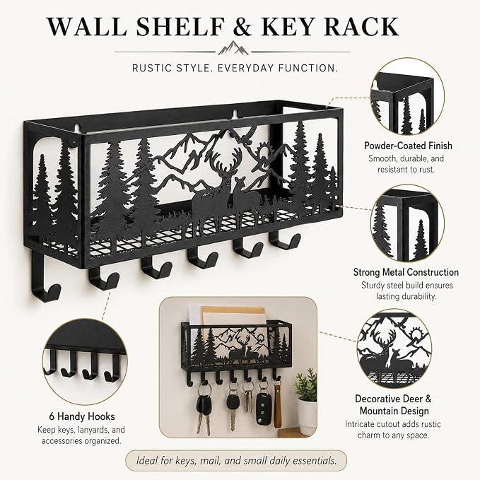 Deer Metal Wall Mail Organizer Wall Mounted Key and Mail Holder Mail Basket - Image 6