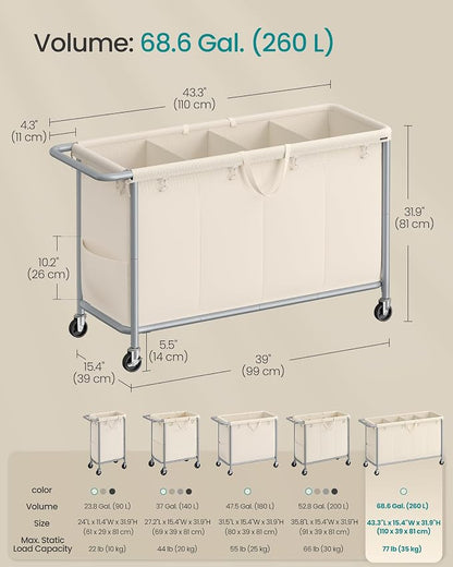 SONGMICS Laundry Basket with Wheels, 4-Section Rolling Laundry Hamper, 68.6 - Image 7
