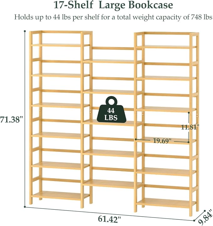 Homykic Bamboo Triple Wide Bookshelves and Bookcases, 6-Tier Shallow Open - Image 2