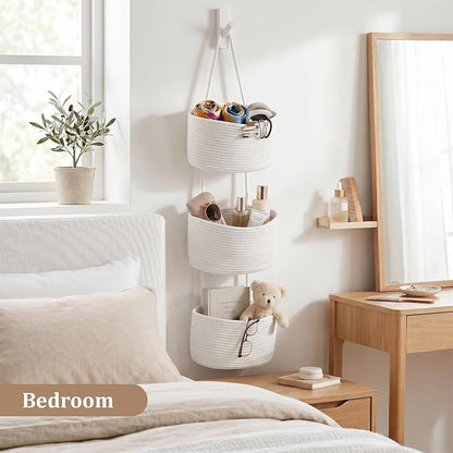 TeoKJ Over the Door Hanging Basket, 3-Tier Woven Cotton Wall-Mounted Storage - Image 7