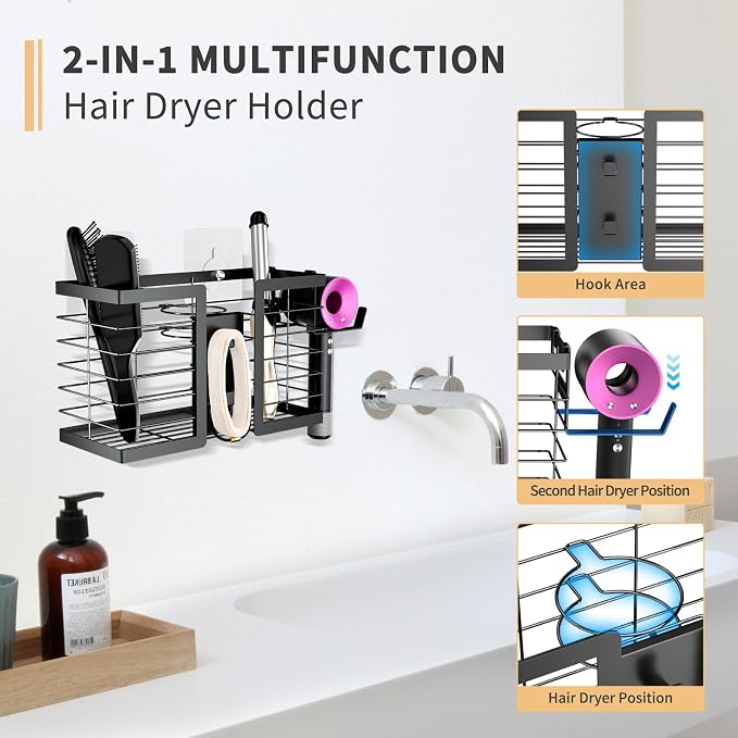 FUNKYLEE Hair Tool Organizer Hair Dryer Holder, 3 in 1 Metal Bathroom Blow - Image 3